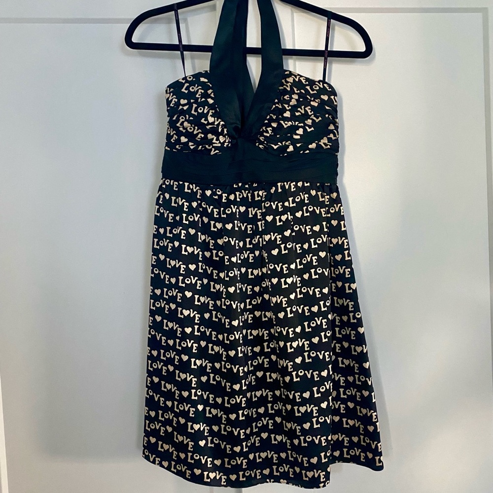 Y2K Betsy Johnson Love Dress, Black and Gold Print, Silk Halter Dress
